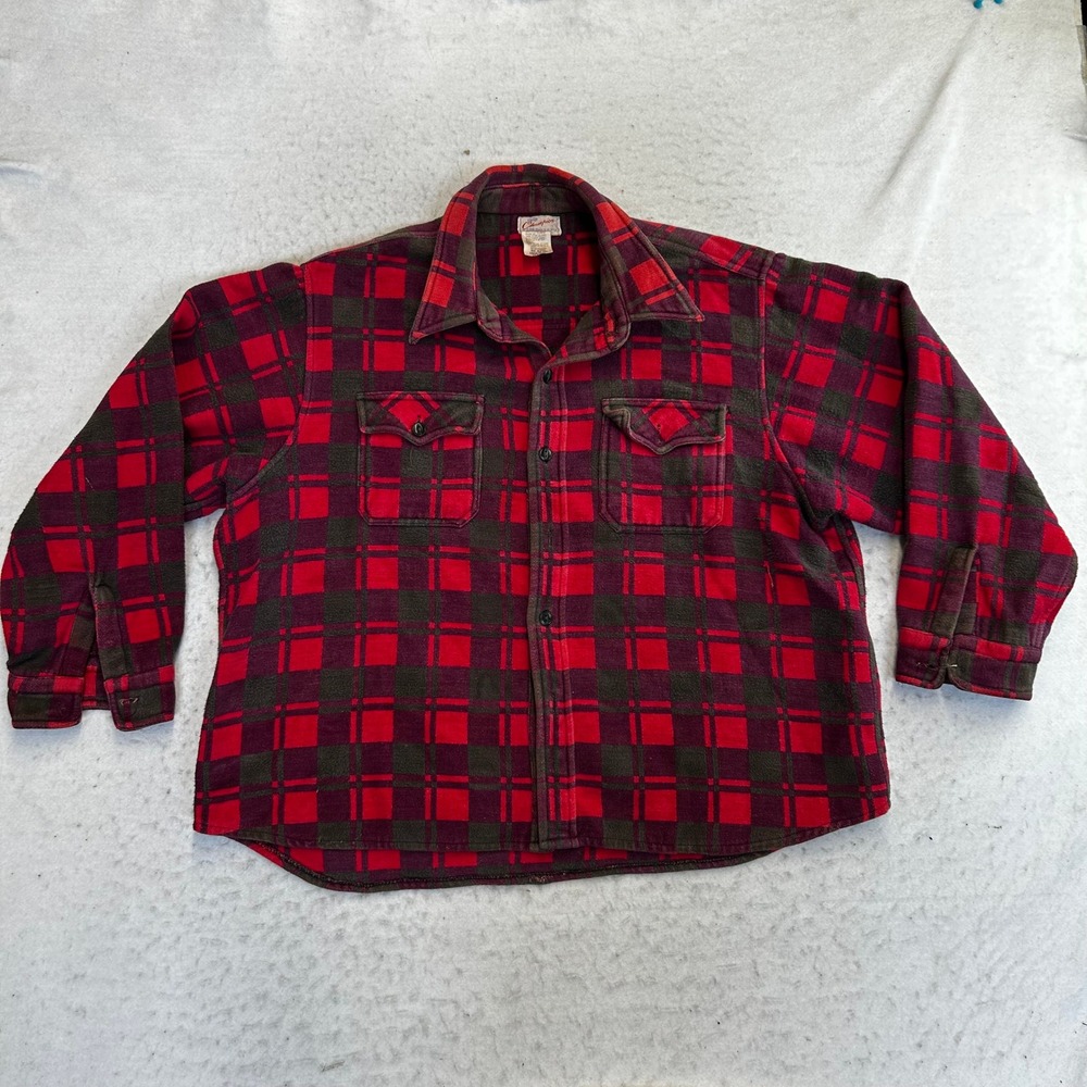 Champion Flannel Shirt Mens XL Red Plaid Long Sleeve Button Up Heavyweight